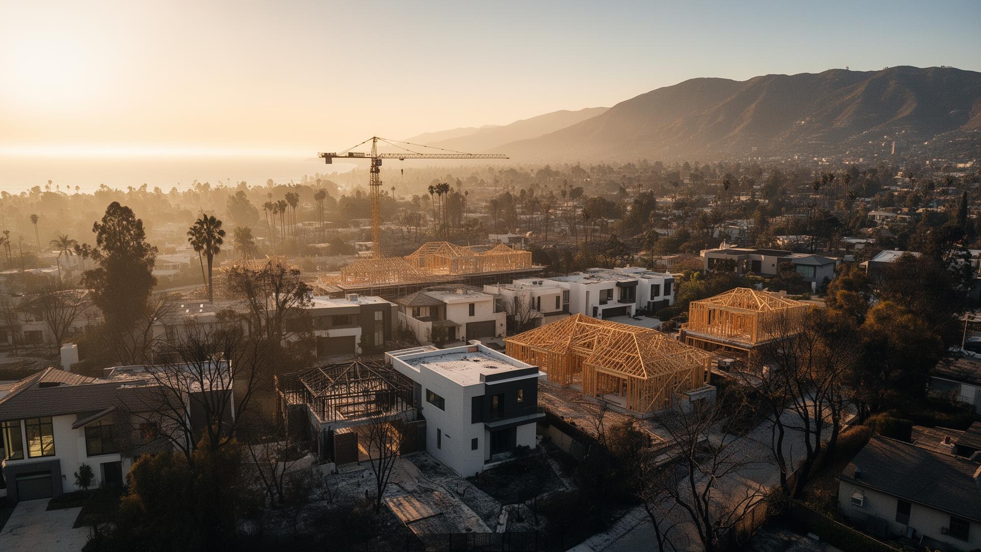 Aerial view of Los Angeles neighborhoods rebuilding after the wildfires at golden hour